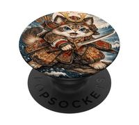Cute Samurai Cat Great Wave Japanese Art - Funny Vintage PopSockets Adhesive PopGrip