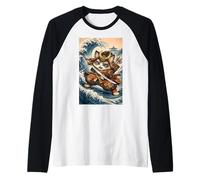 Cute Samurai Cat Great Wave Japanese Art - Funny Vintage Raglan Baseball Tee
