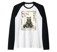 Cute Samurai Raccoon Sitting Under Cherry Blossoms Ink Art Raglan Baseball Tee