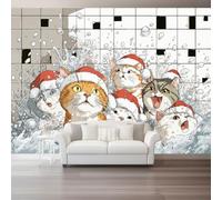 Cute Santa Hat Water Splash Animal Cat Pattern Non-Woven Wallpaper | Cartoon Illustration Style Multicolour Wallpaper, 250x175cm Feature Wallpaper for Bedroom Adults Teenager Living Room