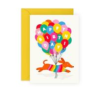 Cute Sausage Dog Birthday Card - Colourful Balloons - Greeting Card for Dog Lovers, Kids, Boys, Girls, Son, Daughter, Friends, Him, Her - Comes with Fun Stickers