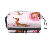 Cute Sausage Dog Double Layer Cosmetic Bag for Women and Girls, Travel Toiletry Bag Makeup Handy Pouch Organiser Bag with Brush Compartment