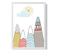 Cute Scandi Mountains Framed Print SIZE: A2 with White Frame ARTZE Pale Blue A3