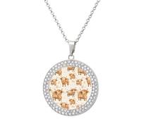 Cute Scottish Highland Cow Round Pendant Necklace Diamond Edging Brilliant Personalized Jewelry Gifts for Women Silver-style