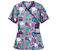 Cute Scrubs Uniforms for Women Uniform Cat Grooming Cute Printed Nurses Uniform Lace up Nurses Scrubs Top Short Sleeve Beauty Tunics Tops Spa Salon Work Wear Carers Tops (Grey, L)