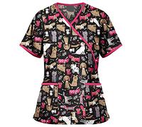 Cute Scrubs Uniforms for Women Uniform Cat Grooming Cute Printed Nurses Uniform Lace up Nurses Scrubs Top Short Sleeve Beauty Tunics Tops Spa Salon Work Wear Carers Tops (Black, 3XL)