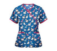 Cute Scrubs Uniforms for Women Uniform Cat Grooming Cute Printed Nurses Uniform Lace up Nurses Scrubs Top Short Sleeve Beauty Tunics Tops Spa Salon Work Wear Carers Tops (Blue, 3XL)