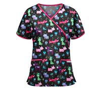 Cute Scrubs Uniforms for Women Uniform Cat Grooming Cute Printed Nurses Uniform Lace up Nurses Scrubs Top Short Sleeve Beauty Tunics Tops Spa Salon Work Wear Carers Tops (Black, M)