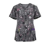 Cute Scrubs Uniforms for Women Uniform Cat Grooming Cute Printed Nurses Uniform Lace up Nurses Scrubs Top Short Sleeve Beauty Tunics Tops Spa Salon Work Wear Carers Tops (Grey, XL)