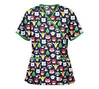 Cute Scrubs Uniforms for Women Uniform Cat Grooming Cute Printed Nurses Uniform Lace up Nurses Scrubs Top Short Sleeve Beauty Tunics Tops Spa Salon Work Wear Carers Tops (Black, L)