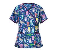 Cute Scrubs Uniforms for Women Uniform Cat Grooming Cute Printed Nurses Uniform Lace up Nurses Scrubs Top Short Sleeve Beauty Tunics Tops Spa Salon Work Wear Carers Tops (Dark Blue, XL)