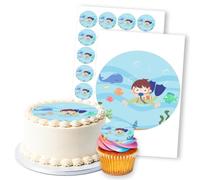 Cute Scuba Diver Underwater Fun Blue, 1 Round 8" & 24 2" Edible Toppers Set
