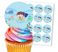 Cute Scuba Diver Underwater Fun Blue, 12 Edible Paper 2.5" Cupcake Toppers
