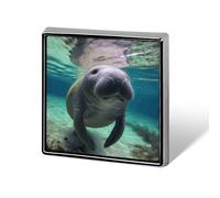 Cute Sea Animal Manatee Square Lapel Pin for Men Women Personalized Lapel Badge Metal Brooch Printed Aluminum Alloy Memorial Pins for Backpack Clothing Decoration Business