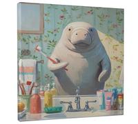 Cute Sea Cow Bathroom Canvas Wall Art, Pastel Color Marine Animal Poster Prints, Fanciful Bathroom Wall Decor for Home, Living Room, Bedroom, Kids Room 12x12 Inch