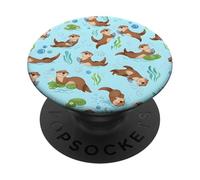 Cute Sea Otter Pattern Swimming Holding Fish Blue Nature PopSockets Adhesive PopGrip