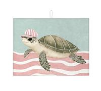 Cute Sea Turtle Dish Drying Mats For Kitchen Counter, Peach Striped Beach Absorbent Dish Drainer Rack Mat, Fun Microfiber Drying Pad For Kitchen Counter Summer Decor 18x24 Inch
