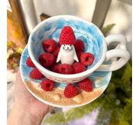 Cute Seal Ceramic Mug, 3D Standing Seal Figurine Inside Cup with Textured Ocean Beach Seashell Saucer,Hand-Painted Funny Slogan,Handmade Coffee Tea Hot Chocolate Cup for Animal Lovers,350ml