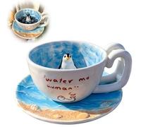 Cute Seal Ceramic Mug, 3D Standing Seal Figurine Inside Cup with Textured Ocean Beach Seashell Saucer,Hand-Painted Funny Slogan,Handmade Coffee Tea Hot Chocolate Cup for Animal Lovers,350ml