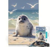 Cute Seal Pup on Beach Puzzles for Adults 1000 Pieces Decompress Game Clear Hue Playful Challenge Evening Game (50x75cm)