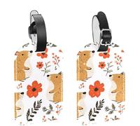 Cute Seamless Capybaras Flowers and Strawberries Luggage Tags for Suitcase, 2 Pack Leather Baggage Identifier with Privacy Flap and Name ID Label for Women Men Travel