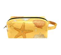 Cute Seashells and Starfish Yellow Background Women Cosmetic Storage Bag, Hanging Makeup Toiletry Bag, Portable Leather Travel Bag School Pencil Case