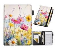 Cute Server Book for Waitress with Zipper Pocket PU Leather Server Book for Women Guest Checks for Servers Waitstaff Organizer with Money Pocket Fit Server Apron, Pink Gold Daisies Wild Flowers