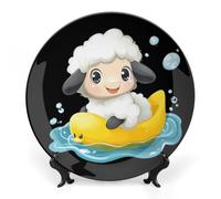 Cute Sheep with Yellow Rubber Duck Boat Bone China Decorative Plate with Display Stand Ceramic Dinner Plates Wall Decor for Home Kitchen 8inch
