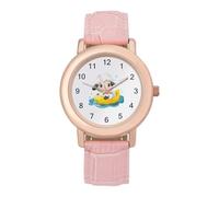 Cute Sheep with Yellow Rubber Duck Boat Women's Wrist Watches Pink Leather Strap Round Case Three-Hand Casual Ladies Watches