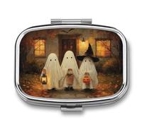 Cute Sheet Ghosts Warm-lit Old House Pill Box 2 Compartment Portable Medicine Pill Case Travel Pill Organizer for Pocket Purse