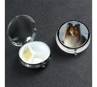 Cute Shetland Dog Pill Box with Mirror 3 Compartment Decorative Pill Case for Purse or Pocket Small Round Pill Organizer Weekly Metal Medicine Tablet Vitamin Holder Travel Gift