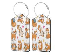 Cute Shiba Inu and Funny Dog Pattern,Luggage Tags Pu Leather Name Tag Travel Suitcase Identifier ID Tags Durable Luggage Label 2 pcs