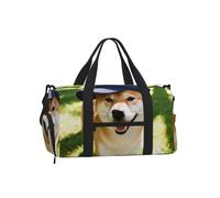 Cute Shiba Inu Sports Duffel Bag-Weekender with Shoe Compartment | Water Resistant Carry On Gym Travel Bag. Fits Suitcase Handle.