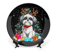 Cute Shih Tzu Dog Christmas Ceramic Decorative Plates for Display Ornaments with Stand for Kitchen Home Decor