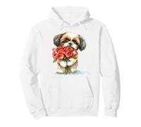 Cute Shih Tzu Puppy Dog with Red Roses Watercolor Art Pullover Hoodie