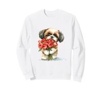 Cute Shih Tzu Puppy Dog with Red Roses Watercolor Art Sweatshirt