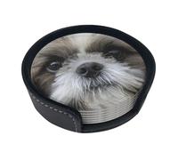 Cute Shih Tzu,Set of 6 Round Coasters, Pu Leather Drinks Coasters with Holder for Home Office Kitchen