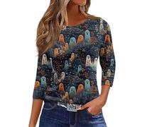 Cute Shirts for Women Doodles Crew Neck Spooky Season Shirt 3/4 Length Sleeve Top Witchy Festival Family Party Celebration Basic Blouse Halloween Thanksgiving Gift Tops (Black, S)