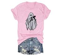 Cute Shirts for Women Fall Pumpkin Print Crew Neck T-Shirts Short Sleeve Loose Fit Top Comfort Festival Thanksgiving Blouse Halloween Friend Gatherings Tops (Pink, M)
