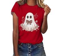 Cute Shirts for Women Fall Pumpkin Print Crew Neck T-Shirts Short Sleeve Loose Fit Top Happy Festival Family Party Celebration Halloween Fashion Gift Top (Red, XXL)