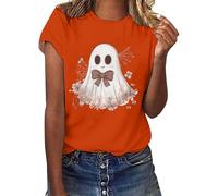 Cute Shirts for Women Fall Pumpkin Print Crew Neck T-Shirts Short Sleeve Loose Fit Top Happy Festival Family Party Celebration Halloween Fashion Gift Top (Orange, S)