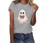 Cute Shirts for Women Fall Pumpkin Print Crew Neck T-Shirts Short Sleeve Loose Fit Top Happy Festival Family Party Celebration Halloween Fashion Gift Top (Grey, M)