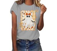 Cute Shirts for Women Funny Pumpkin Printed Fall Shirts Casual Short Sleeve Top Playful Colorful Family Party Outfit Clothes Halloween Fashion Gift Top (Grey, XL)