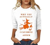 Cute Shirts for Women Pumpkin Print Crewneck Costume 3/4 Length Sleeve Casual Top Witchy Festival Family Party Celebration Basic Blouse Halloween Thanksgiving Gift Tops (Yellow, L)