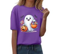 Cute Shirts for Women Pumpkin Print Crewneck Costume Short Sleeve Top Colorful Playful Quirky Outfit Clothes Home Halloween Decorating Costume (Purple, XL)