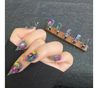 Cute Short Cat Claw Press on Nails - Handmade Unique Reusable Colorful Shine Thick Acrylic False Nails Glossy Cute Dragon Claw Glue on Nail with Halloween Gothic Style Design (XS)