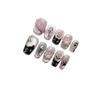 Cute Short False Nail 10Pcs Cute black cat paw print fish Design Press on Fake Nails Full Cover Gel Glue on DIY Nail Art Manicure for Women Girls