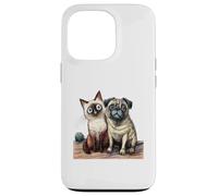 Cute Siamese Cat and Pug Dog Friends Sketch Case for iPhone 13 Pro