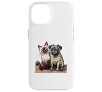 Cute Siamese Cat and Pug Dog Friends Sketch Case for iPhone 14
