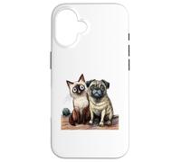 Cute Siamese Cat and Pug Dog Friends Sketch Case for iPhone 16